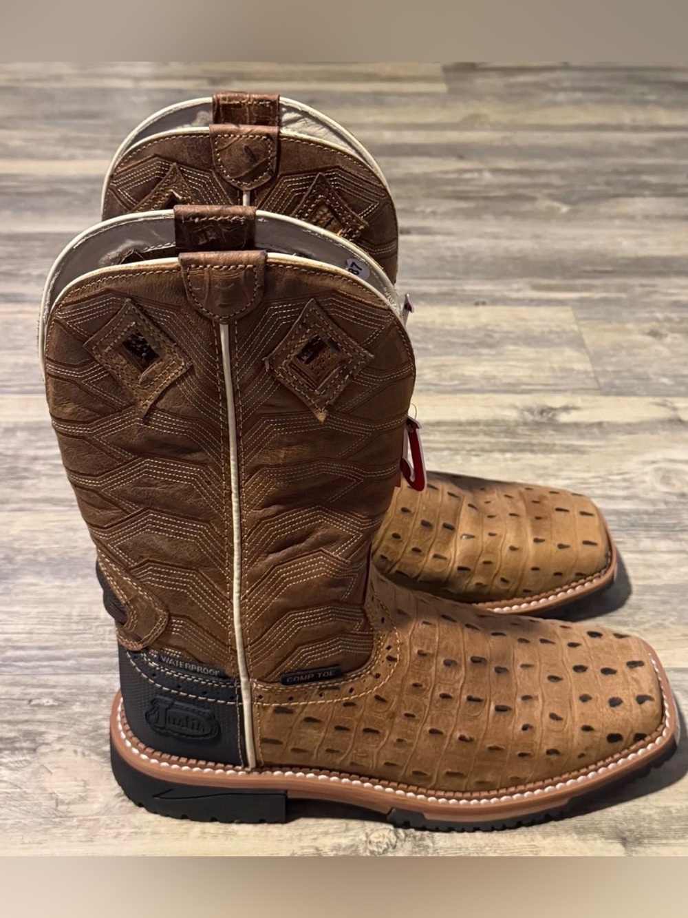 Justin Derrickman Mens Work Boots 12" Waterproof Composite Toe Ostrich Sz 9.5